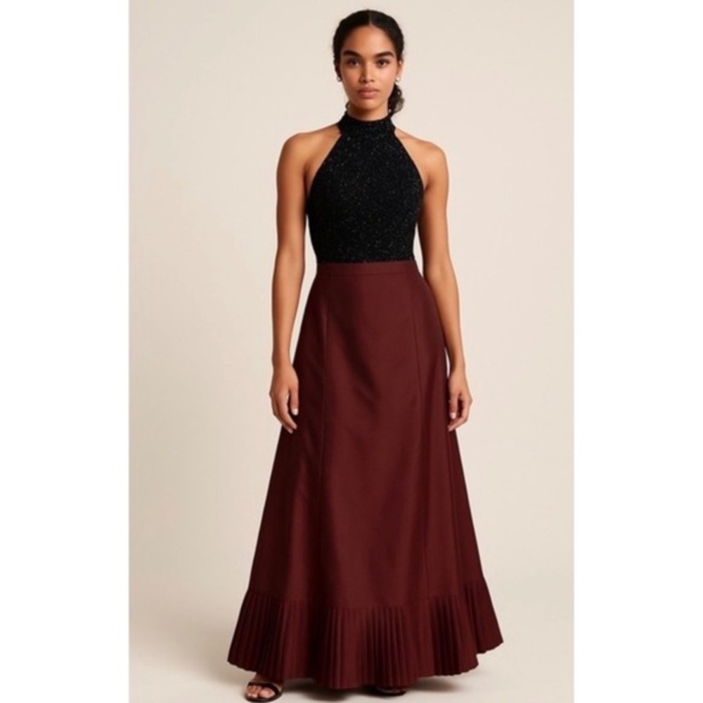 Ann Taylor Burgundy Taffeta Maxi Skirt Pleated‎ Ruffle Hem Prom Formal 12 83-06